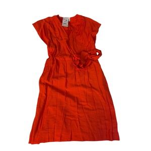 Bimba y Lola Orange Dress Midi V Neck Short Sleeve Tie Waist Size L